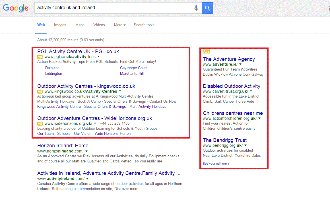 Picture of search results page with advertisements outlined in red